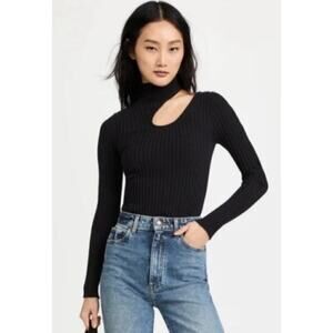 Anine Bing Victoria Top Cutout Ribbed Knit Stretch Cotton Turtleneck Black M